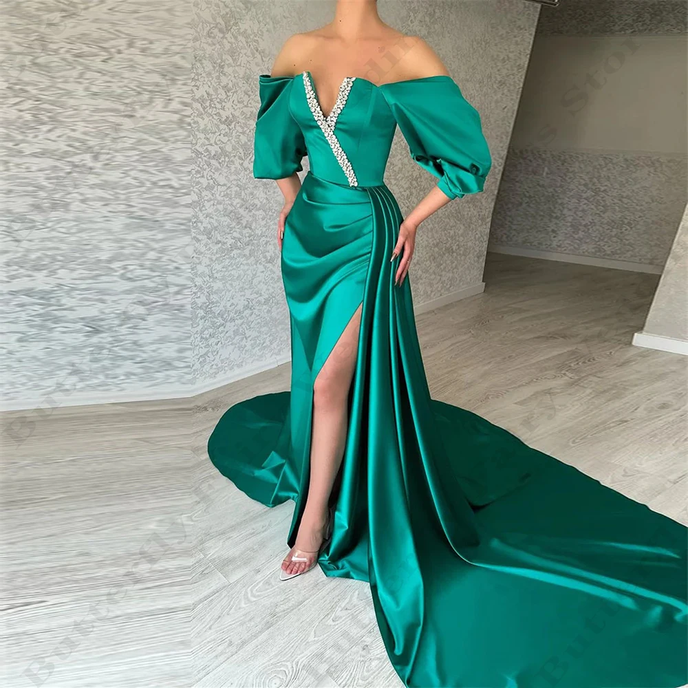 

Gorgeous Satin Pretty Evening Dresses Sexy Off Shoulder Fluffy Long Sleeved High Slit Fascinating Mopping Prom Gowns For Women