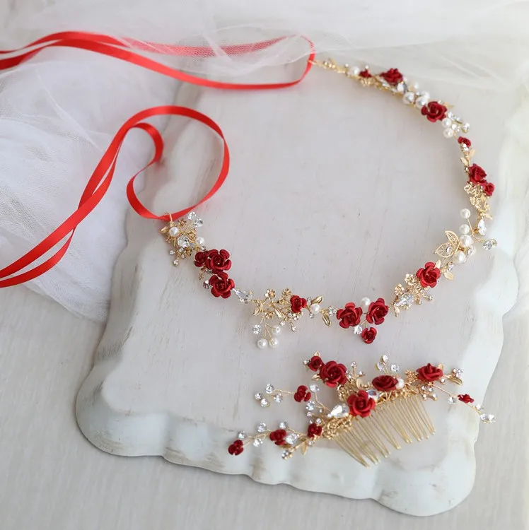 Red Floral Bridal Hair Accessories Headband Gold Color Wedding Hair