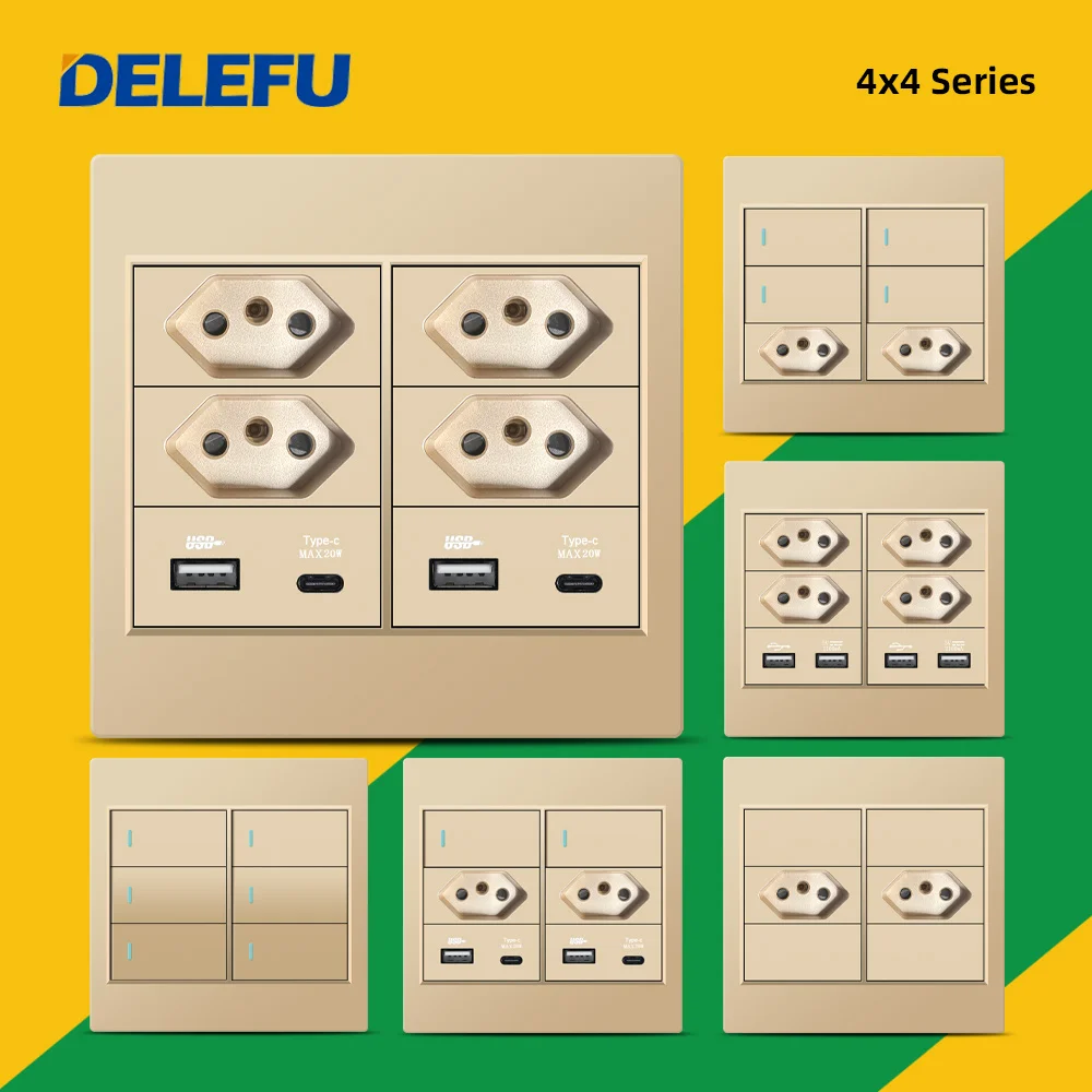 Delefu 4×4 Fireproof Painel pc Brasil Standard Outlet Duplo Usb tipo c Parede Tomada de Energia Interruptor de Luz Escritório Ouro 10a 20a Carga Rápida