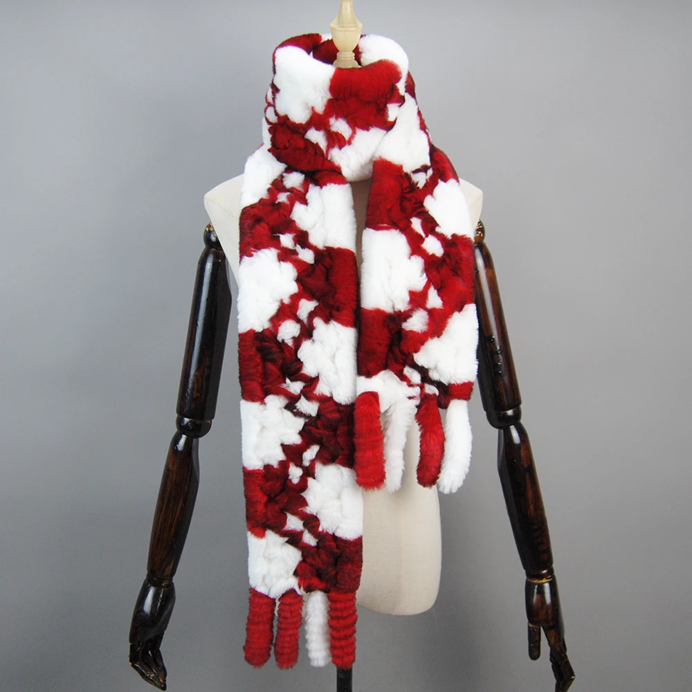 Long Style Women Winter Real Rex Rabbit Fur Scarf Natural Rex Rabbit Fur Scarves Lady Knitted Ring Scarves