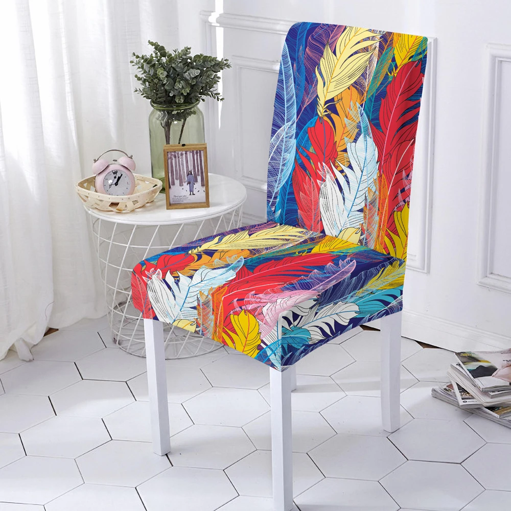 

Feather Print Dining Chair Cover Home Decor Elastic Chair Covers Spandex Seat Case Stretch Anti-dirty Removable Chair Covers