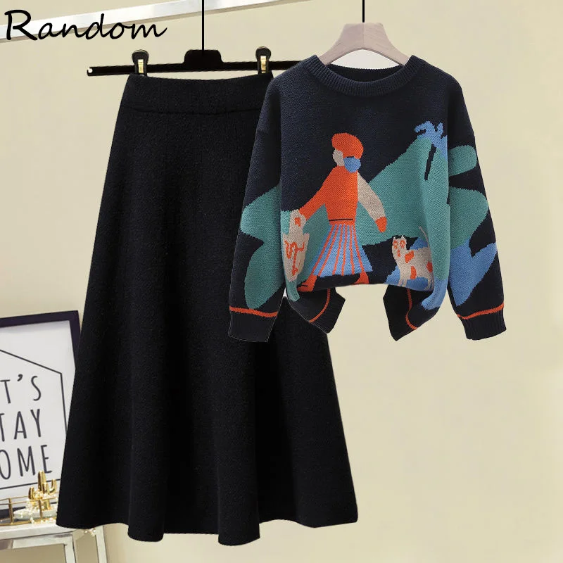 

Winter Warm Knitted Two Pieces Suits For Women Long Sleeve Print Sweater Top And High Waist Knitting Skirts Sets Womens Outfits