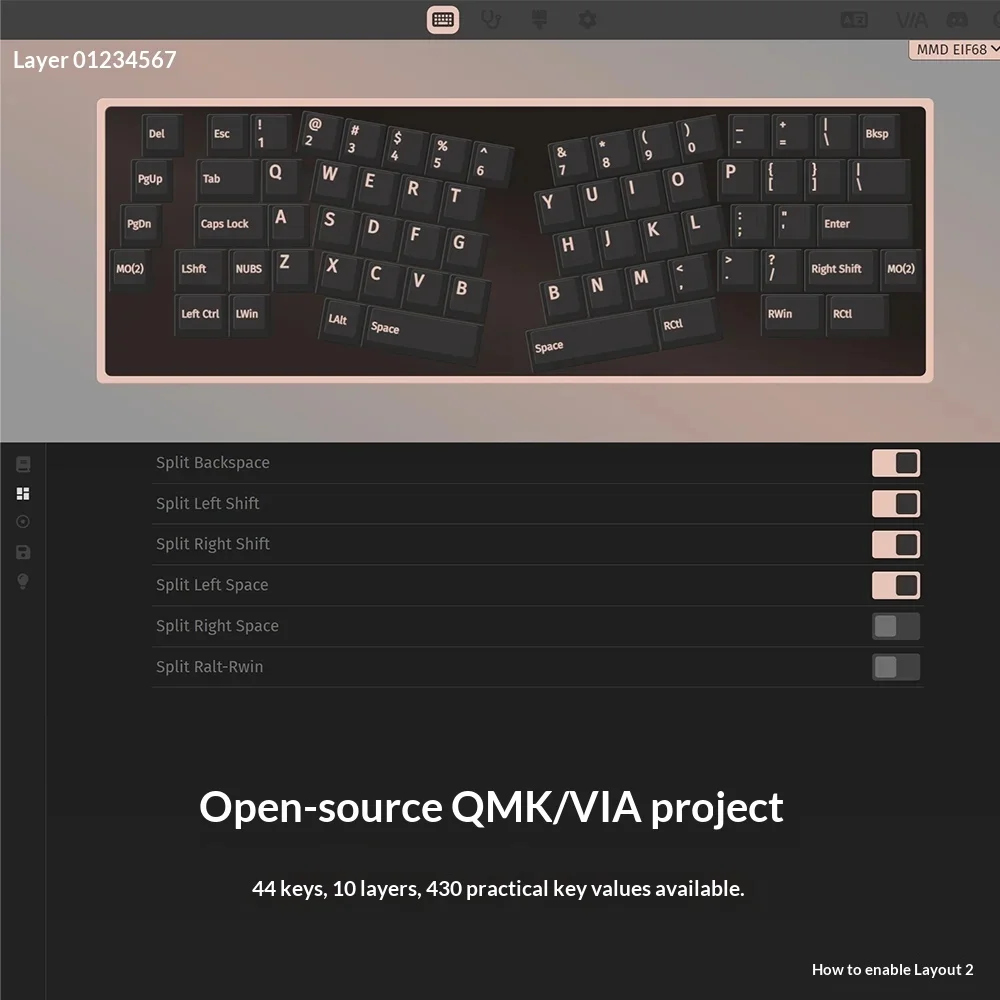 MMD 앨리스 EIF68 맞춤형 기계식 키보드 BT 2.4G 무선 QMK VIA 핫 스와핑 인체공학적 앨리스 디자인 다이내믹 RGB 지원