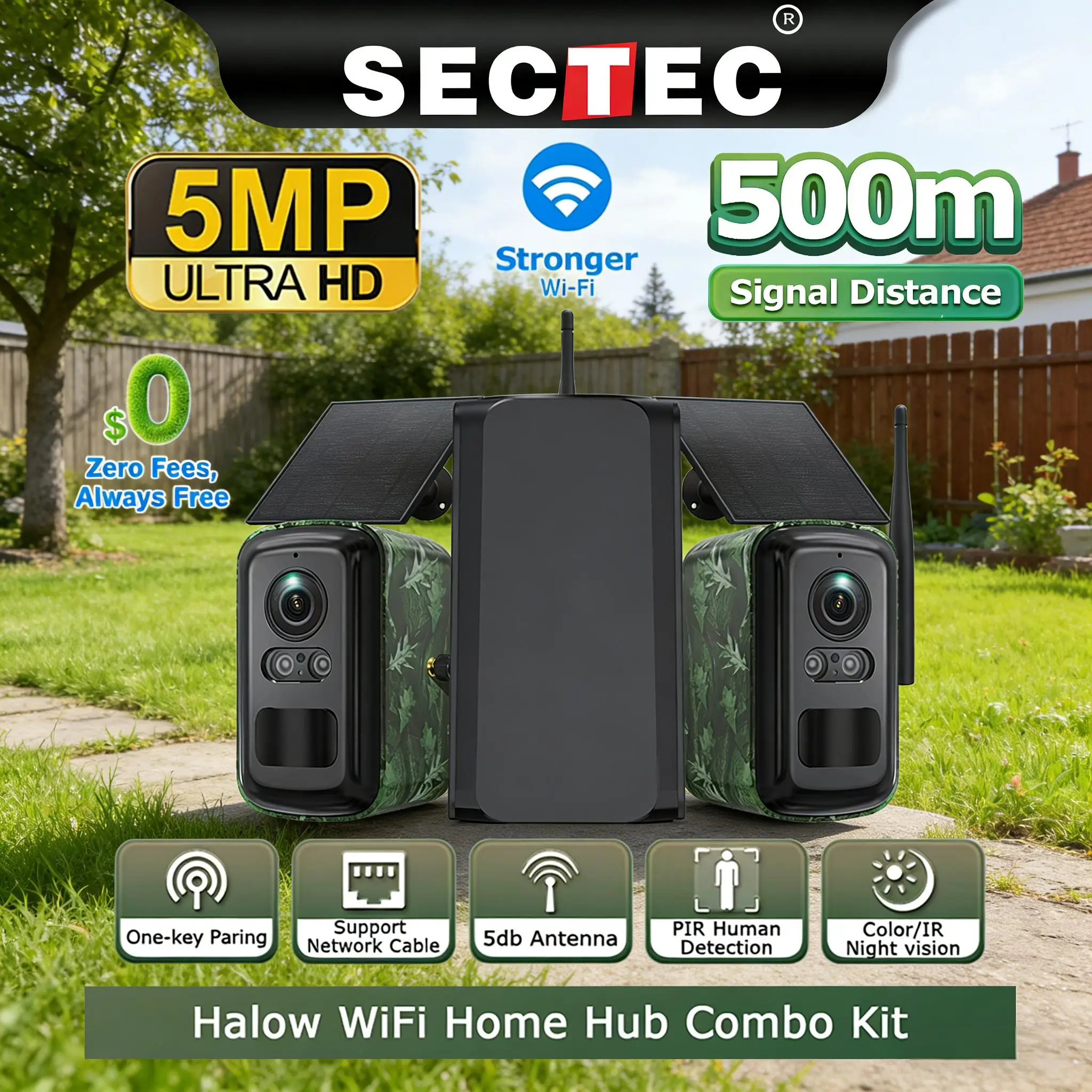 Sectec 5MP Solar Battery Camera with Home Hub Combo Kit 7800mAh Powered ...