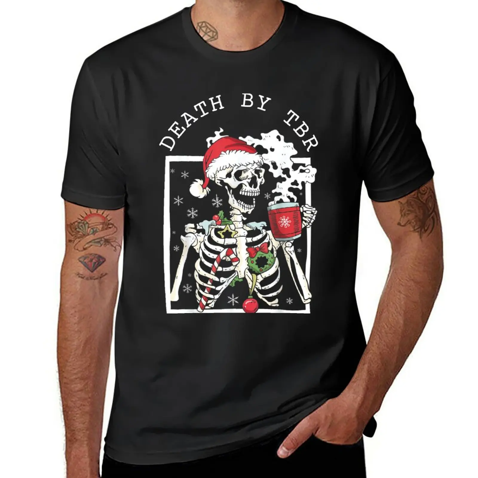 

New Death by TBR, Christmas Skeleton With Smiling Skull Drinking Coffee T-Shirt quick-drying t-shirt Men's t shirts