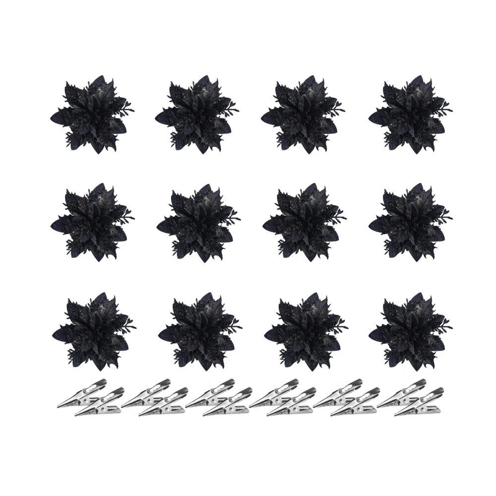 Glitter Artificial Christmas Flowers 12PCS 14cm with Clips Xmas Tree Ornaments for Home New Year Gifts Navidad