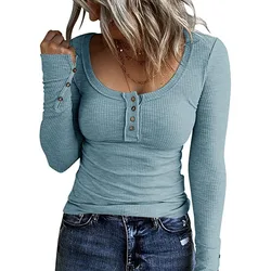 2023 Autumn Women's New Fashion Sexy Slim Fit Button Bottom Shirt V-neck Long Sleeve Comfortable Versatile T-shirt Top