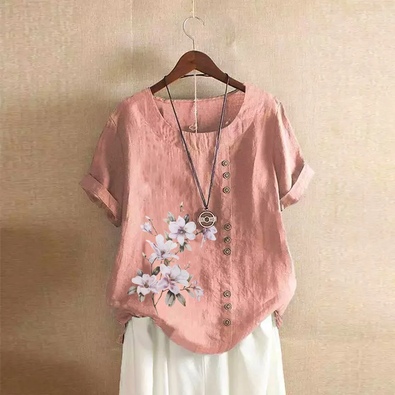 Cotton Linen Floral Short Sleeve Blouse for Women