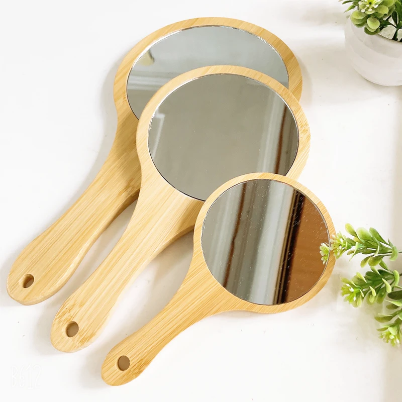 Makeup mirror hand holding mirror small portable bamboo makeup mirror handmade handle round cosmetic mirror with single handle personal vanity handheld