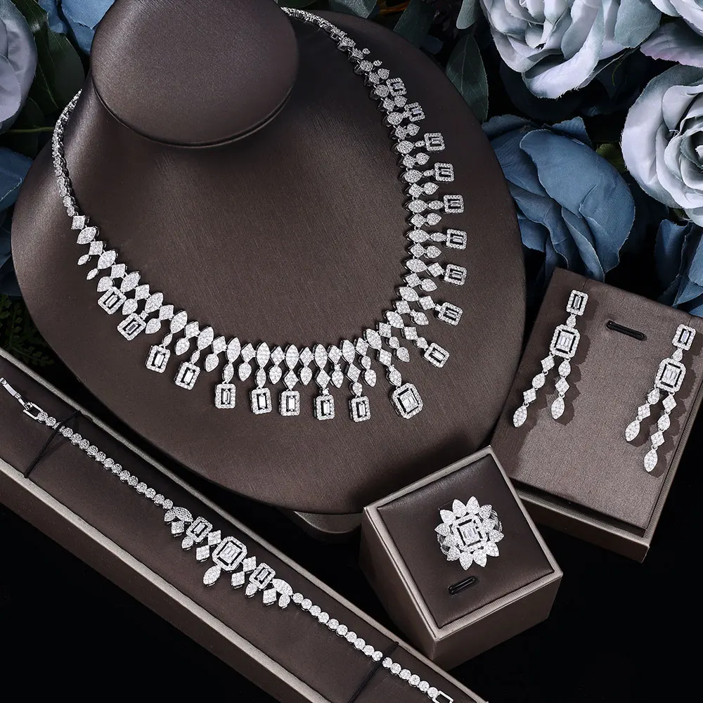 

Luxury Dubai Nigeria Bridal Jewelry Sets Tassel Zirconia 4pcs Wedding Necklace Bracelet Earrings Ring Full Set