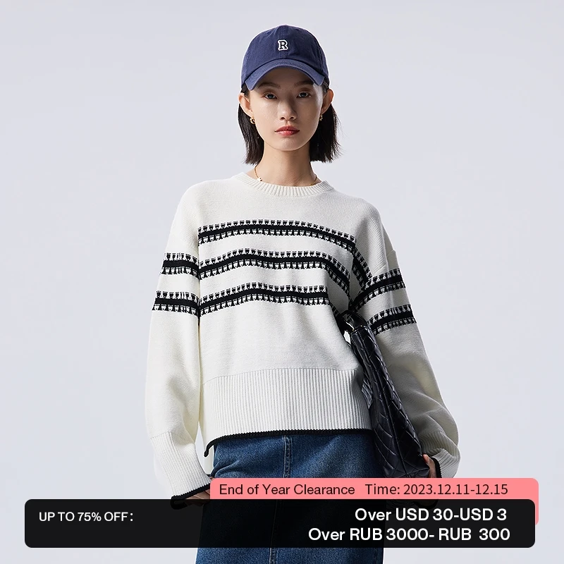 

Toyouth Women Sweater 2023 Autumn Long Sleeves Round Neck Loose Knitwear Contrasting Jacquard Split Hem Fashion Casual Tops