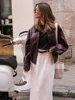 Vintage Wine Red Loose Short Leather Jacket Women Fashion Lapel Long Sleeves Zipper Cropped Coat 2025 Autumn Lady Street Outwear 5