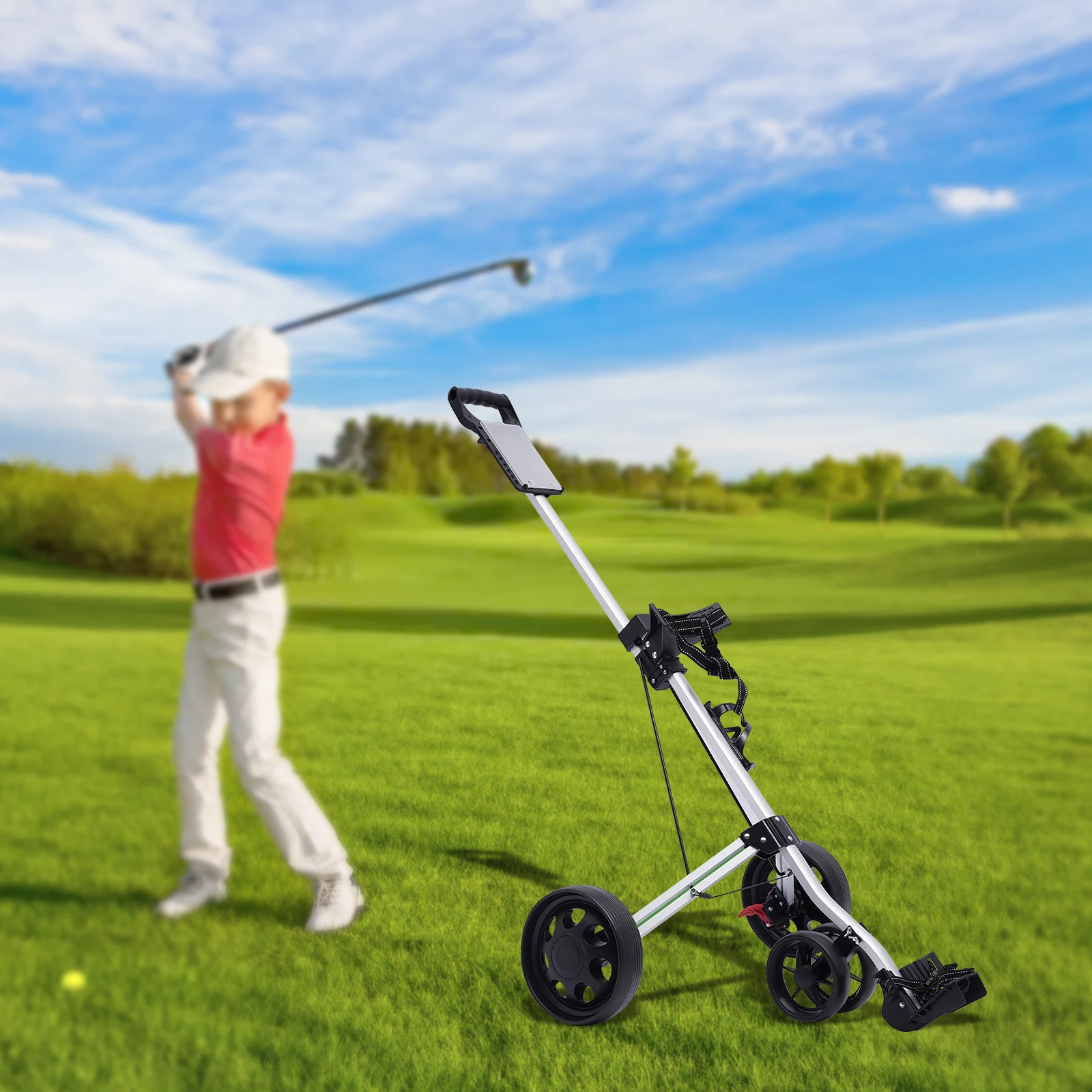 3 Wheel Push Pull Golf Cart Foldable Lightweight Golf Push Cart Portable Aluminum Alloy Trolley with Foot Brake
