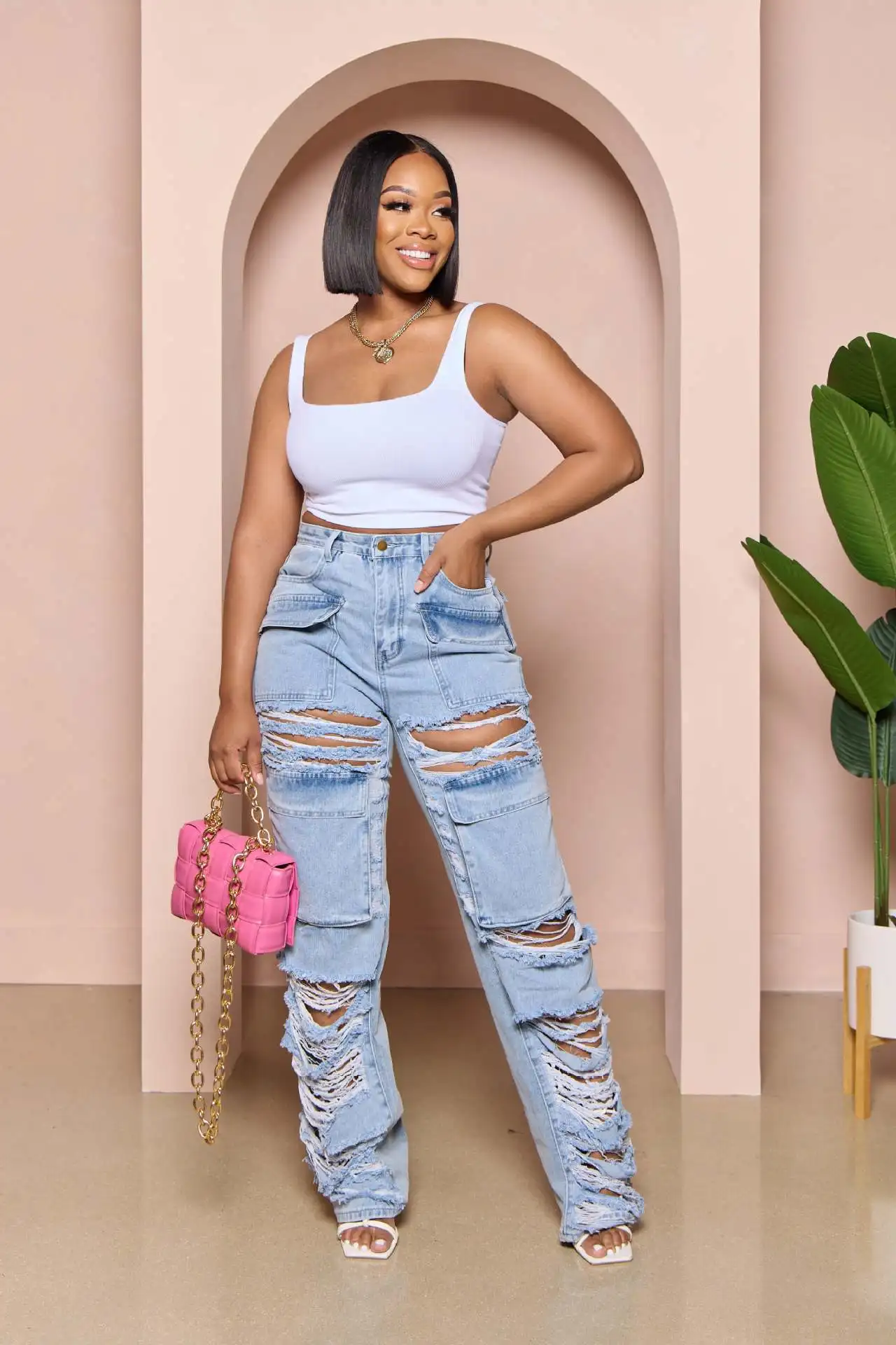 Women Trousers Summer Casual Loose Pockets High Waist Ripped Straight Wide-Legged Jeans Denim Trousers Lady Denim Cargo Pants