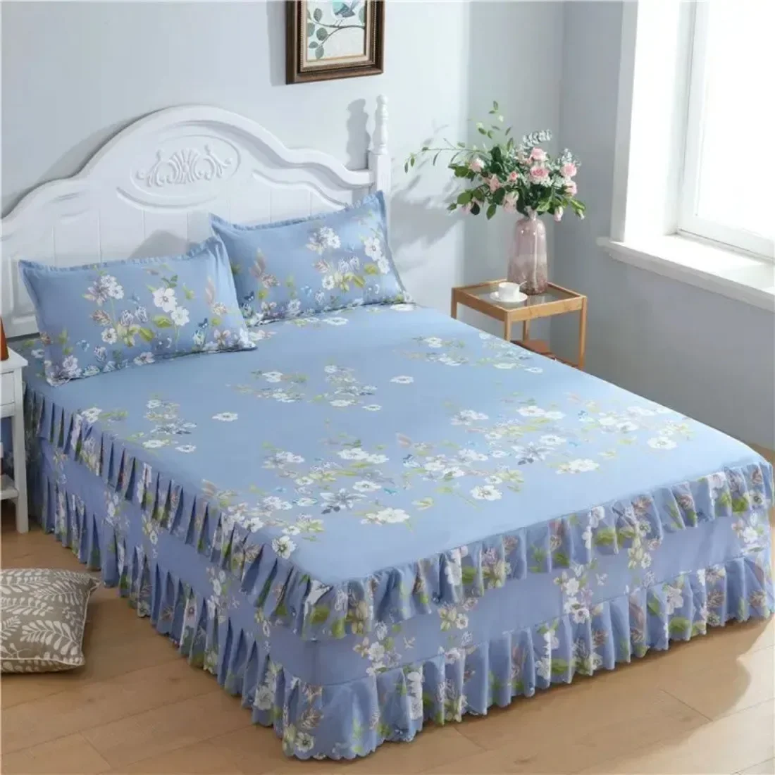 3PCS Bed Skirt Cotton Bedspread Set Embroidery Bed Dress Pillow Cases 3 Pieces/Set For King/Queen Double 1.5/1.8/2M Sheet Cover