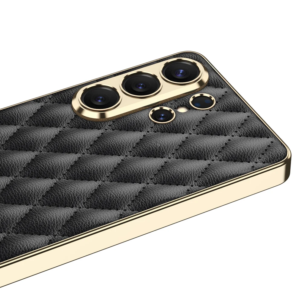 Ultra-Thin Electroplated Gold Border Frosted Leather Pattern Case with Diamond Grid Design