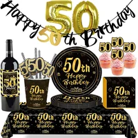 50th Birthday Party Supplies for Men Women Black and Gold 50 Years Old Party Paper Plates Cups Napkin Tablecloth Tableware Decor 1