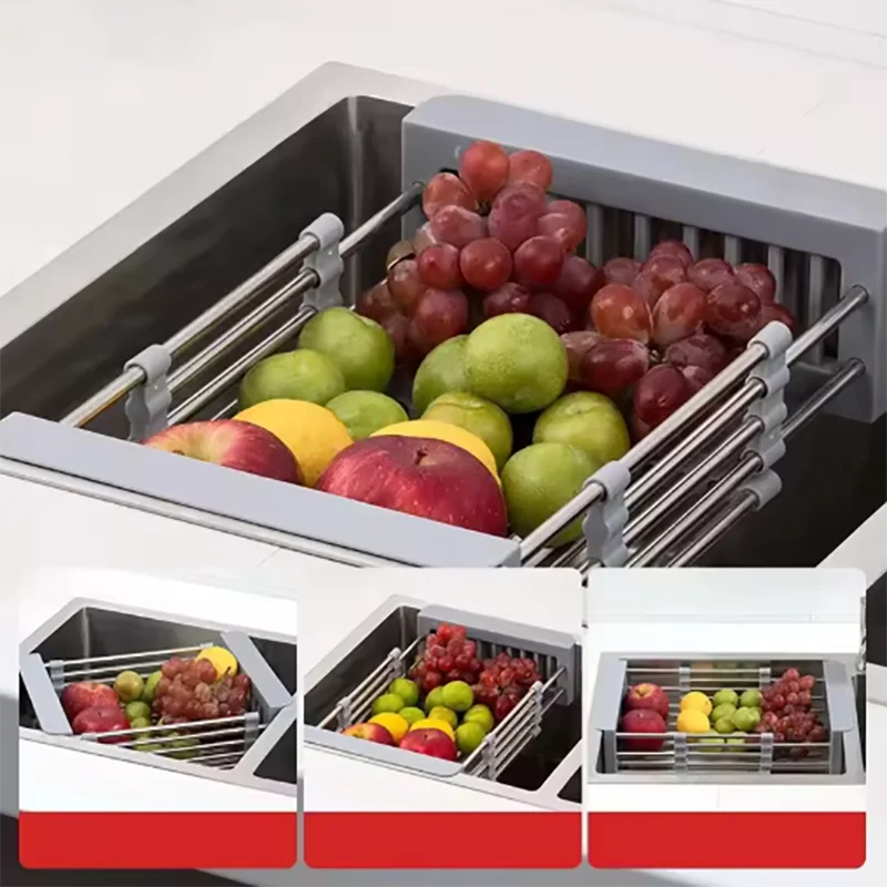 Kitchen Sink Drain Rack Stainless Steel Extendable Dish Drying Rack Drain basket Fruit Vegetable Washing Drainer Storage rack