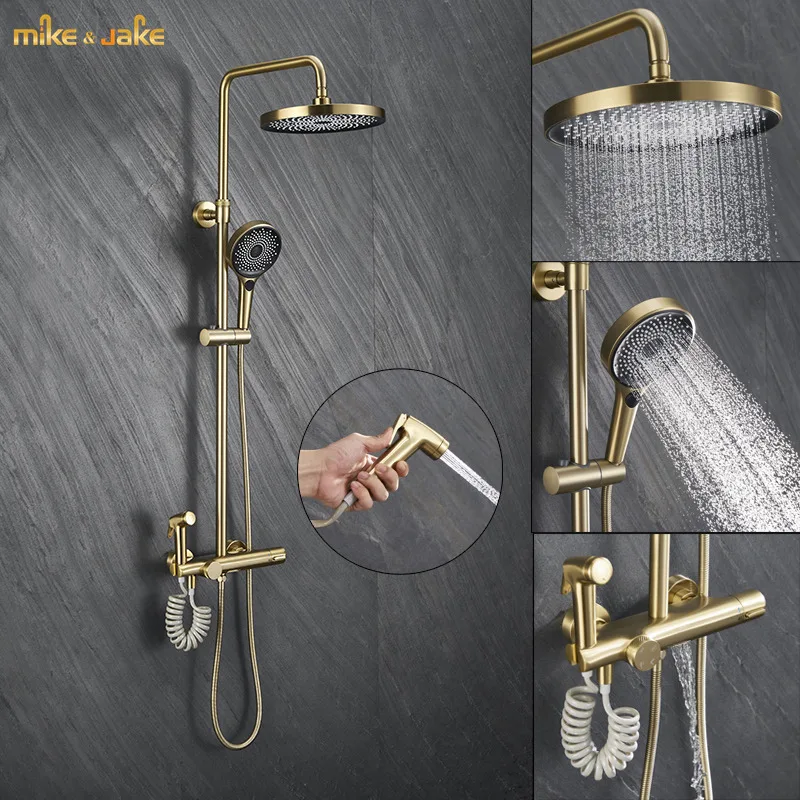 

Luxury gold brush thermostatic shower mixer rainfall shower tap frosted gold bathtub bidet shower tap hot and cold shower