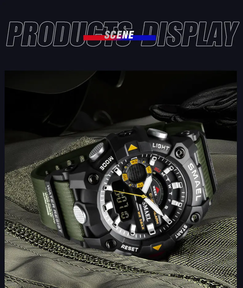 Smael mode sport uhren herren stoß feste 50m wasserdichte armbanduhr led alarm stoppuhr uhr militär 8040 herren uhr – Detail 19