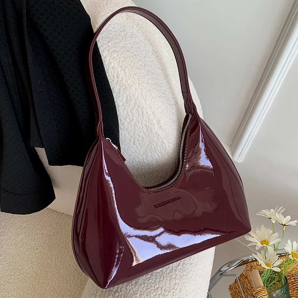 Women Patent Leather Tote Bag Versatile Fashion Shoulder Bag Casual Satchel Hobo Bag Zipper Armpit Bag Girl Shopper Purse