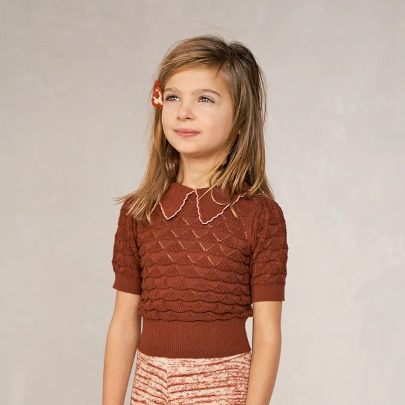 

Тонкая детская одежда Misha, Вязаный топ с отворотами в европейском и американском стиле, пуловер с коротким рукавом для девочек