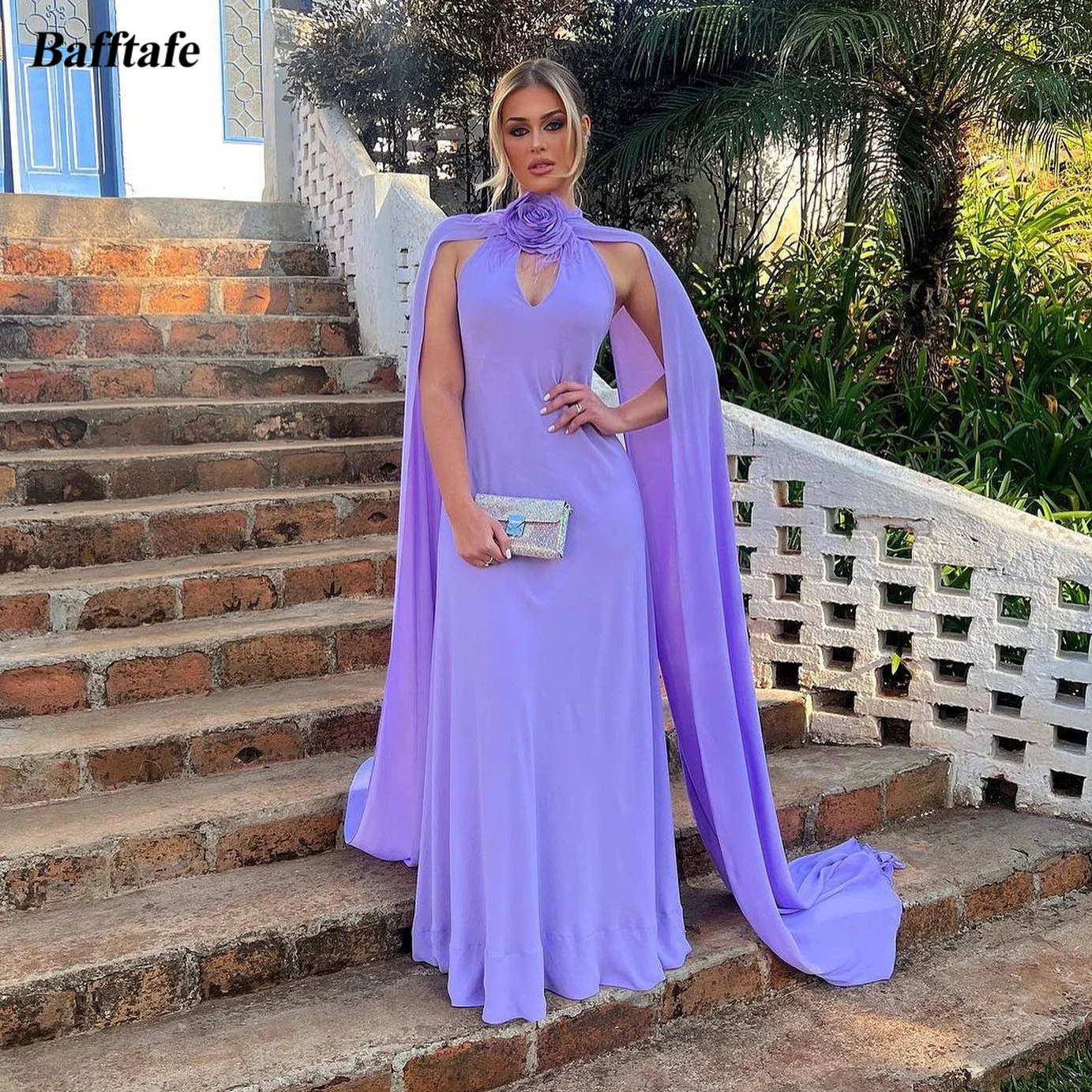 Bafftafe Lavender Chiffon Prom Dresses Long Cap Sleeves 3D Flowers Evening Gowns Backless Women Formal Party Bridesmaid Dress