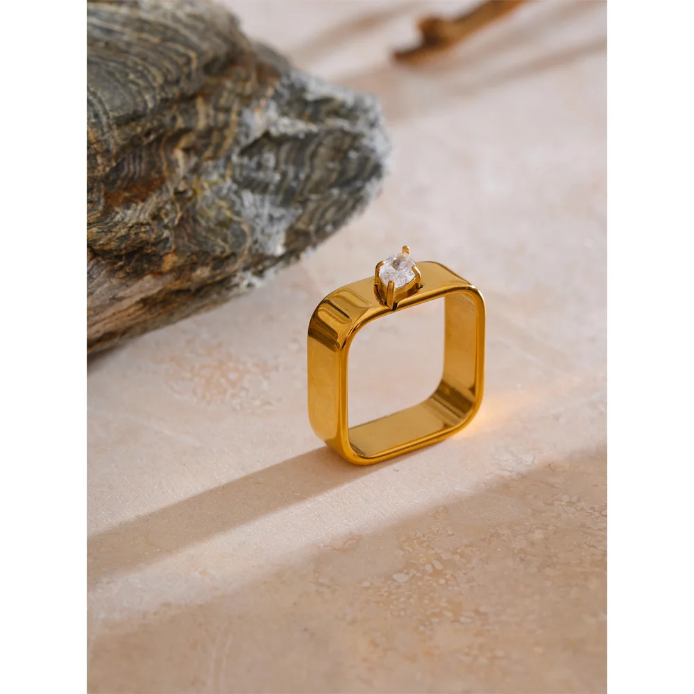 Yhpup Womens Round Square Golden PVD Ring