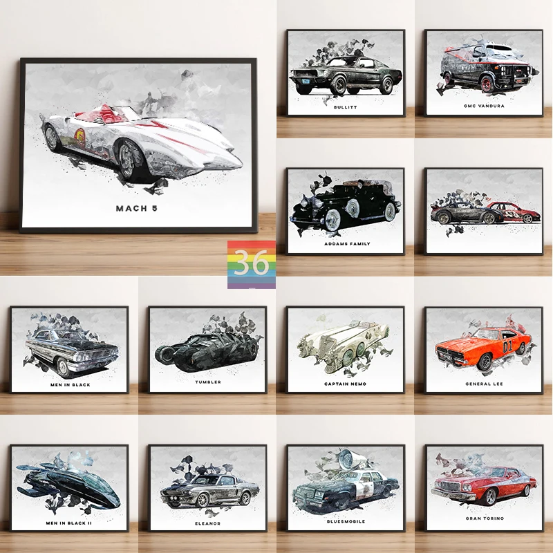 Iconic Movie Cars Watercolors Poster Canvas Printing Super Cars From Movies Decorazione Della Parete Watercolors Wall Art For Home Room