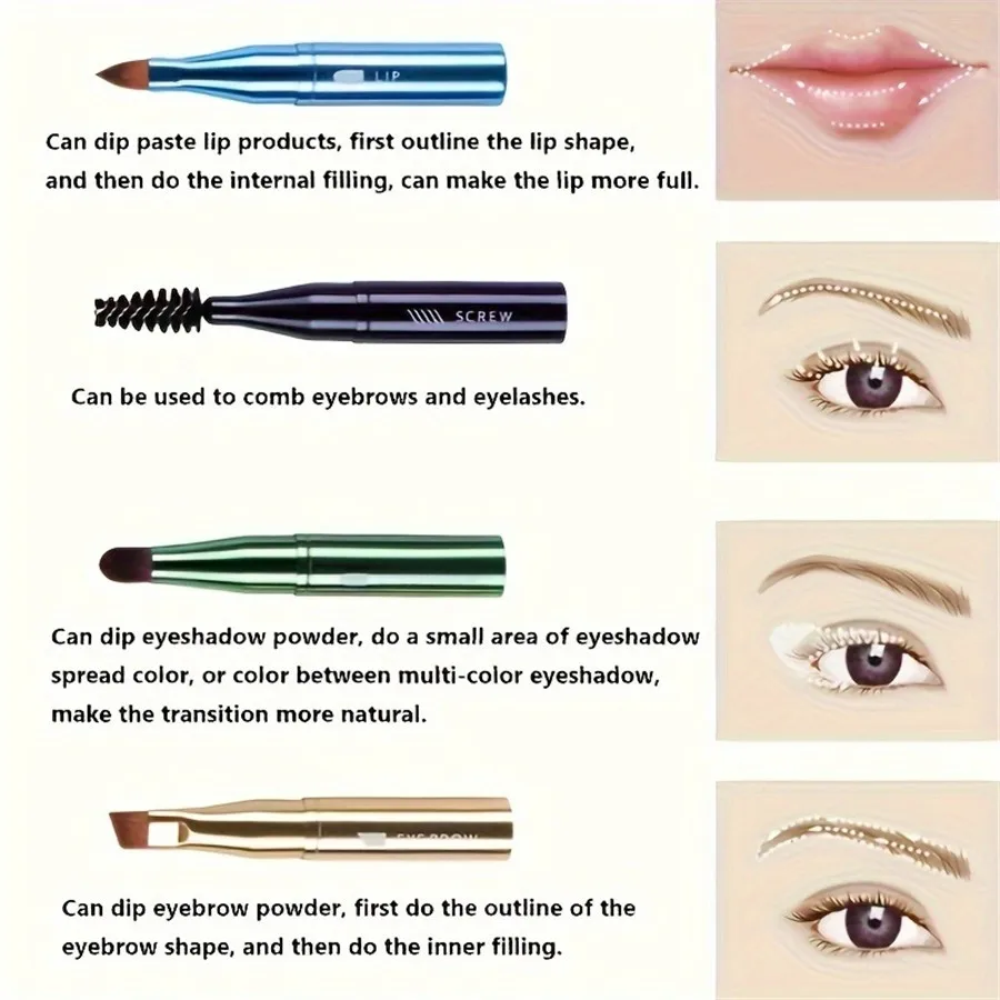 4-in-1 Portable Makeup Brush Set, Metal Handle Eyebrow & Lip Brushes with Eyelash And Eyeshadow Applicators, Travel-Friendly