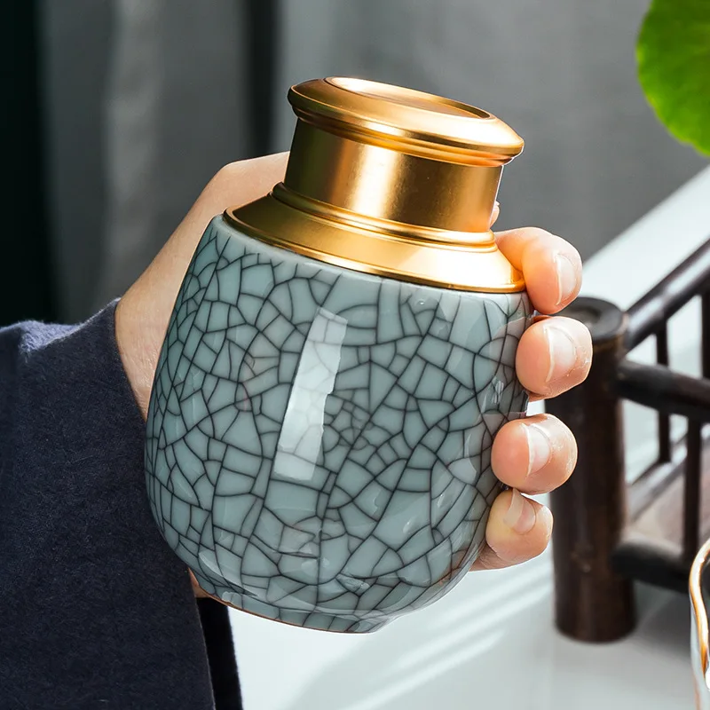 Cremation Memorial Pet Urn Center Size Pet Ashes Ceramic Cracked Glaze Leaves Decorative Ashes Animal Memorial Funeral Coffi