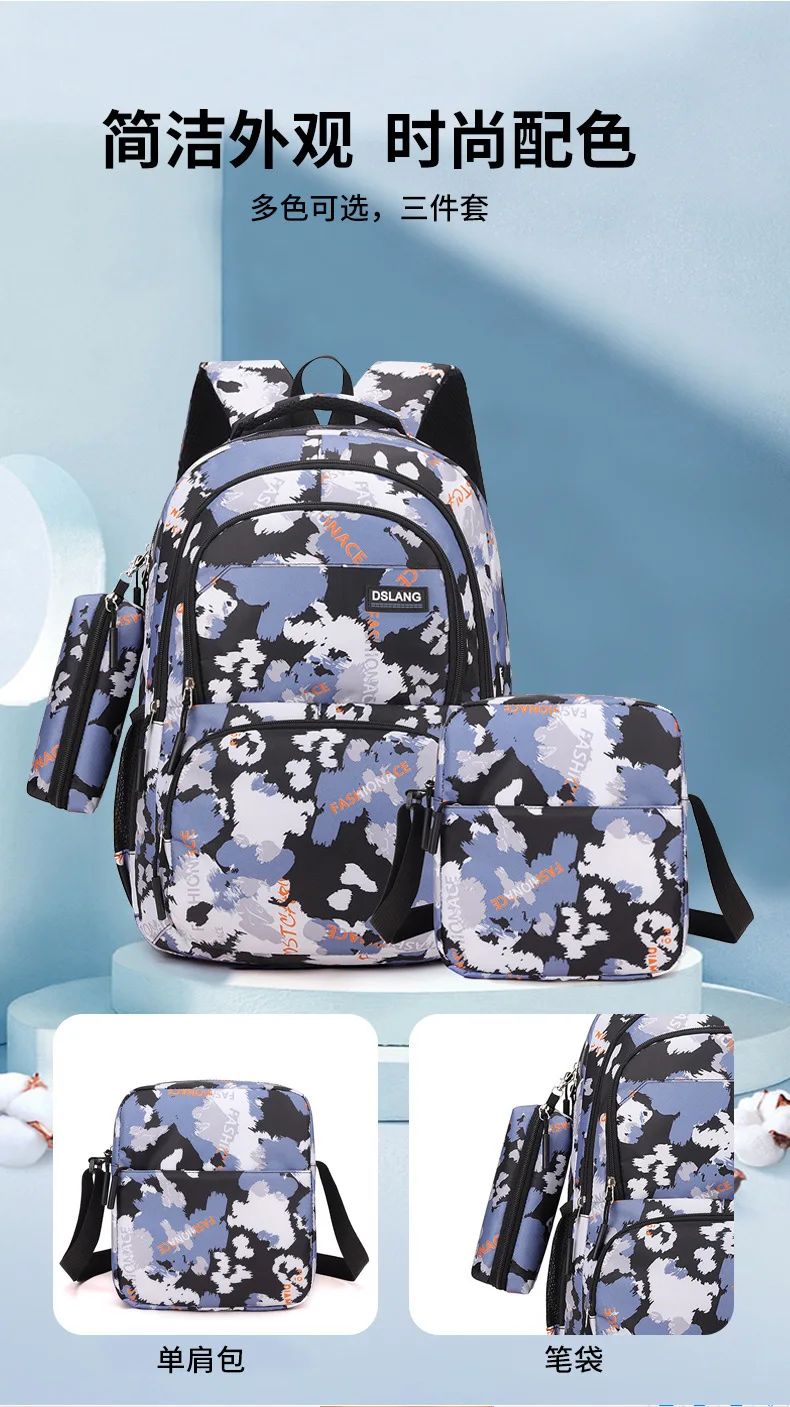 Dreiteiliges Schultaschen-Set für Damen, modischer Rucksack für die Mittelschule und Oberschule, verdickte hochwertige Umhängetaschen mit Blumendruck – Detail 2