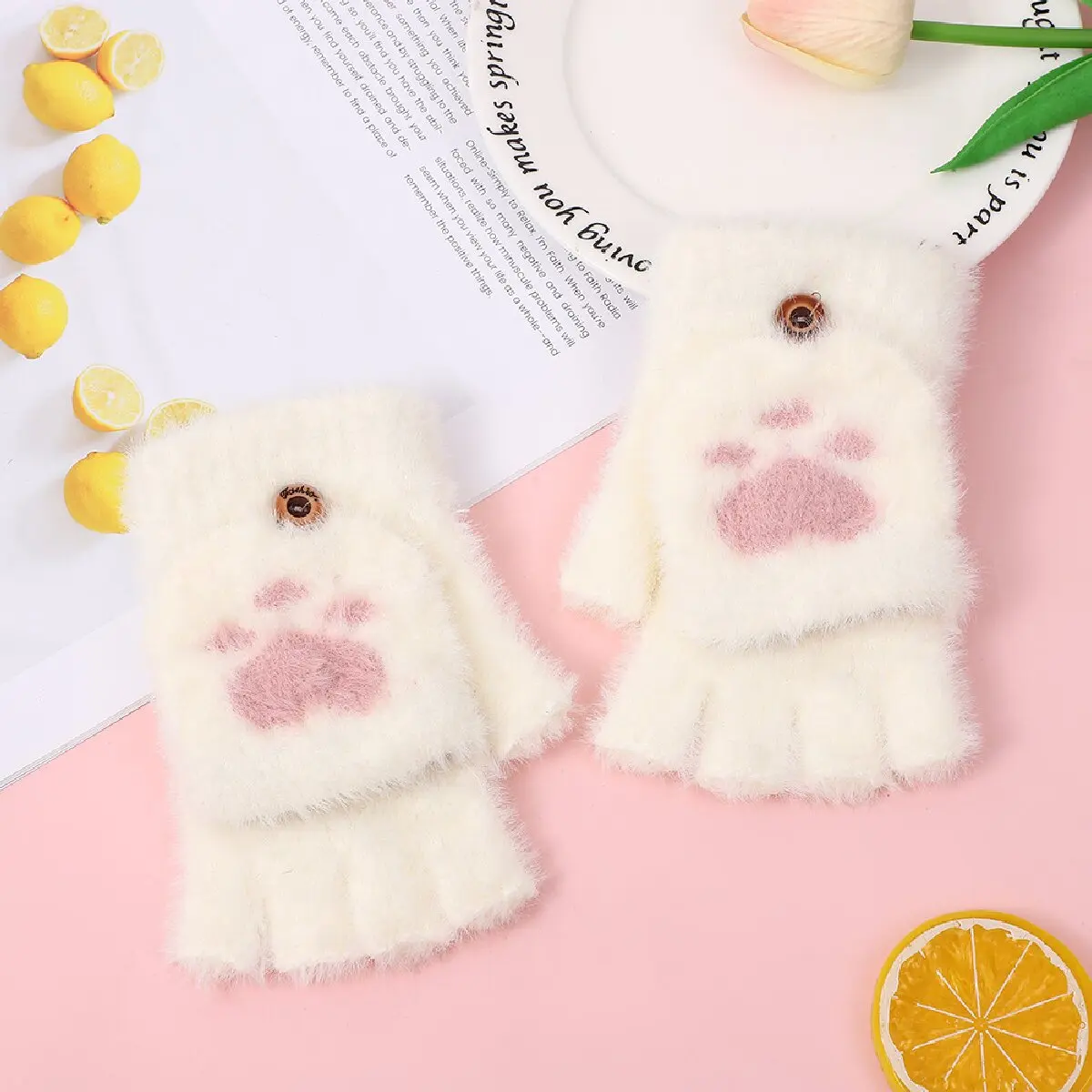Thicken Women Warm Cat Gloves Fashion Girls Cat Claw Paw Plush Mittens Soft Plush Short Fingerless Half Finger Winter Gloves