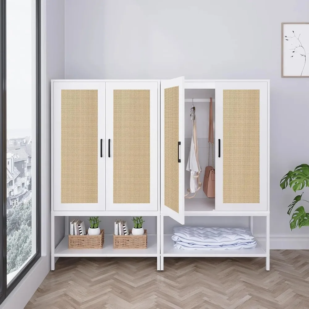 Wardrobe, Wardrobe Closet with 2 Doors, Rattan Bedroom Armoires with Hanging Rod Freestanding Wooden Wardrobe Cabinet With 5