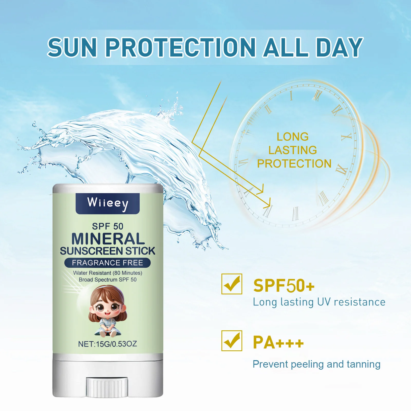 Kids Mineral Sunblock Stick Lasting Sun Protection Anti Solar UV Sunburn Refreshing Mild Nourishing SPF50+ Face Sunscreen Stick