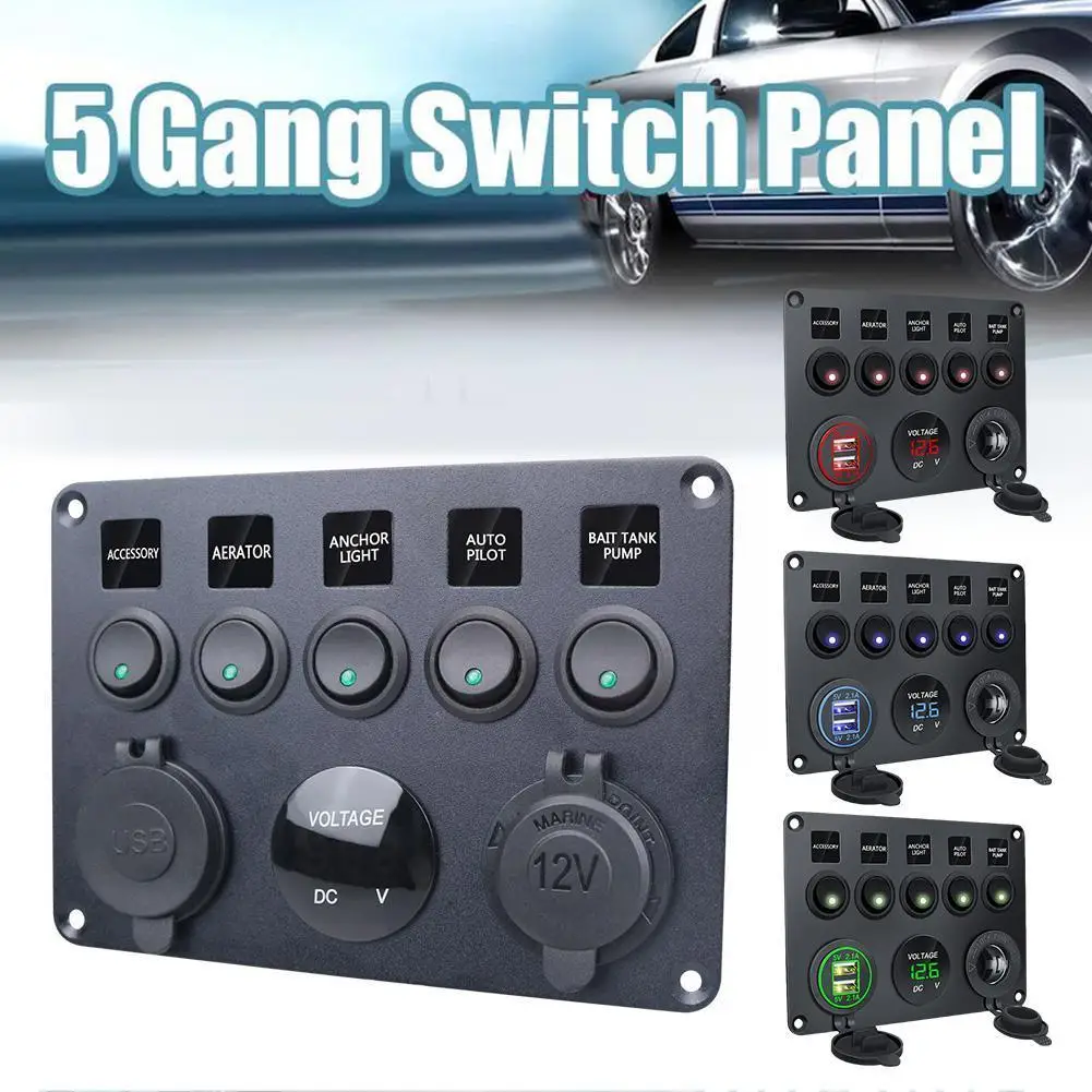 

Car Boat ED Rocker Switch Panel Waterproof Digital USB Dual Outlet Marine 5 Port Gang Combination 12V Voltmeter Rocker LED F5C6