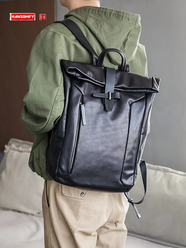 Genuine Leather Men Backpack First Layer Cowhide Schoolbag Laptop Bag