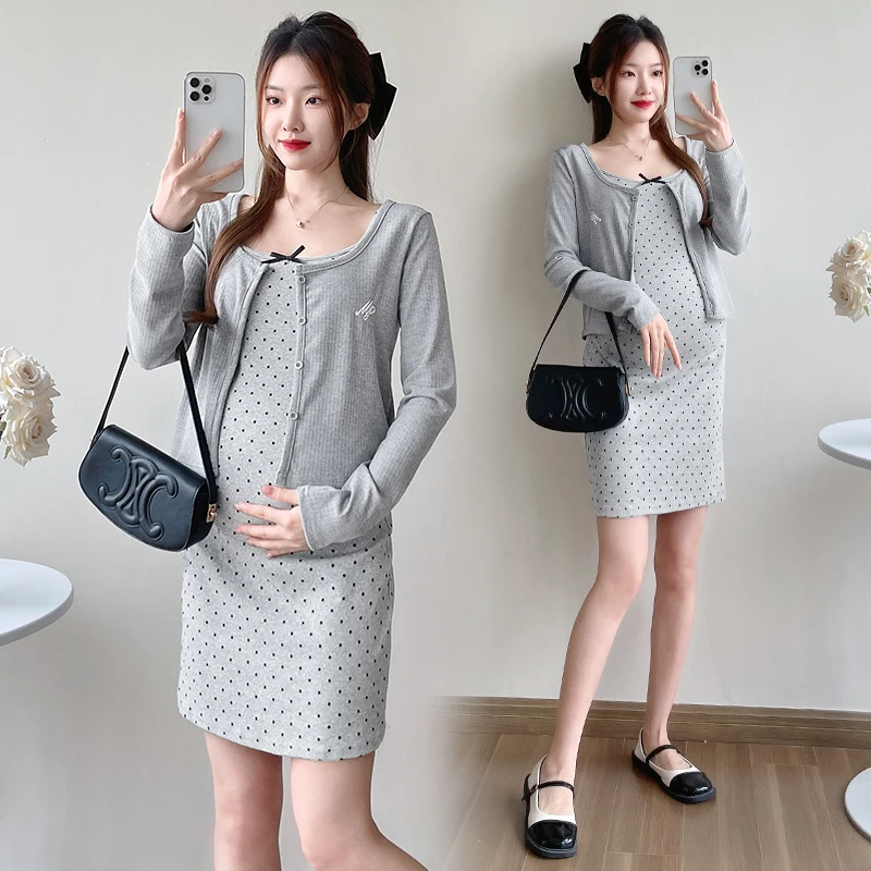 2026 봄 임부복 세트 그레이 긴팔 가디건+폴카 도트 스트랩 드레스 임산부 의류 세트