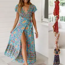

Stylish Women Dress Breathable Cloth Women V-neck Long Dress Summer Dress Printed Dress