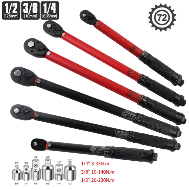 Clé dynamométrique 72T 1/2 ''3/8'' 1/4 '', entraînement carré préréglé, clé de couple de vélo, cliquet bidirectionnel, outils manuels pour voiture et vélo 1