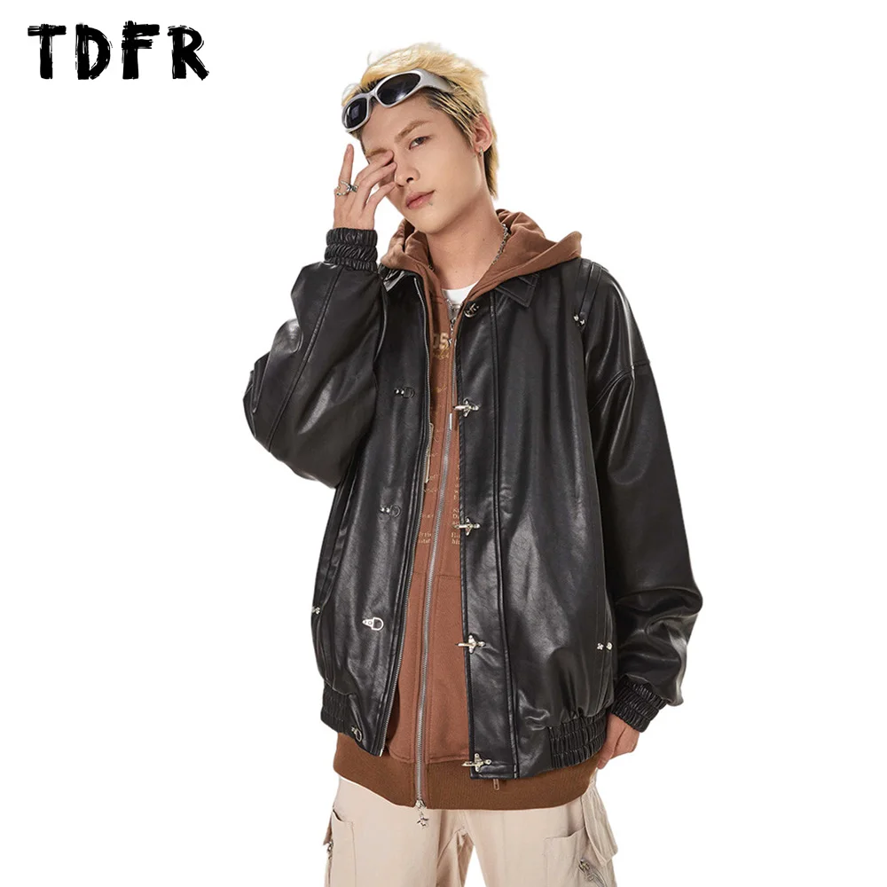 

Spliced Solid Color Leather Jacket with Rivets Mens Autumn Winter Lapel Loose Casual Long Sleeve Zipper Jacket Men Outerwear