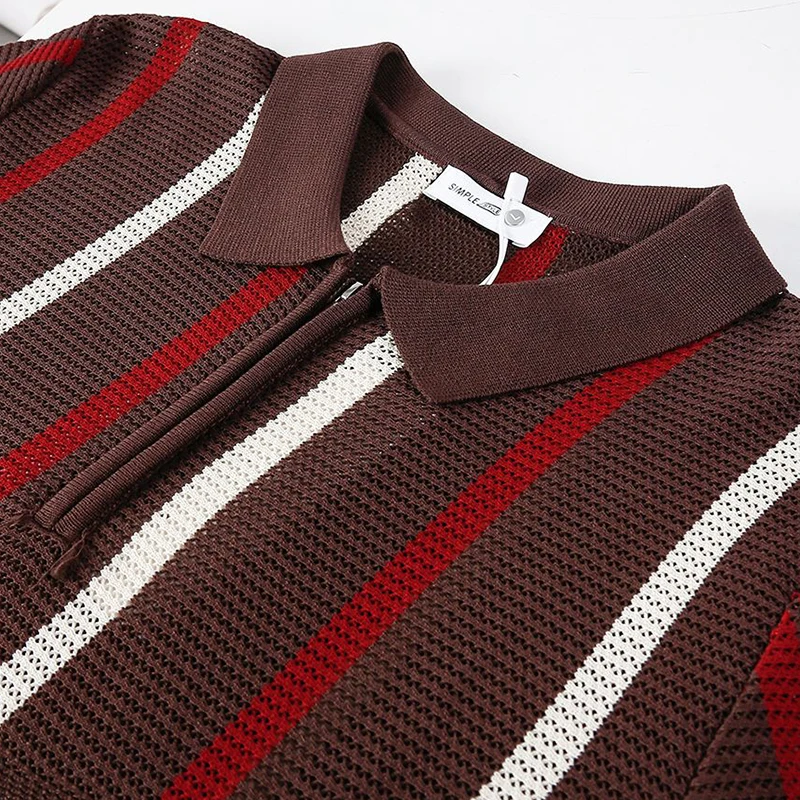 Stylish Mens Knitting Mesh Polo Shirts 2025 Summer Casual Hollow Out Knitted Polo Shirt Men Vintage Striped Lapel Zipper Polos 15 S4e6985497fbc4d2eb777ce1e4b311e48B