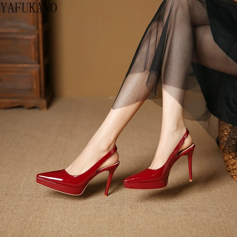 Temperament Red Pointed Toe Patent Leather High Heels Womens Summer New Thin Heel Platform Sandals Fashion Slingbacks Girl Pumps