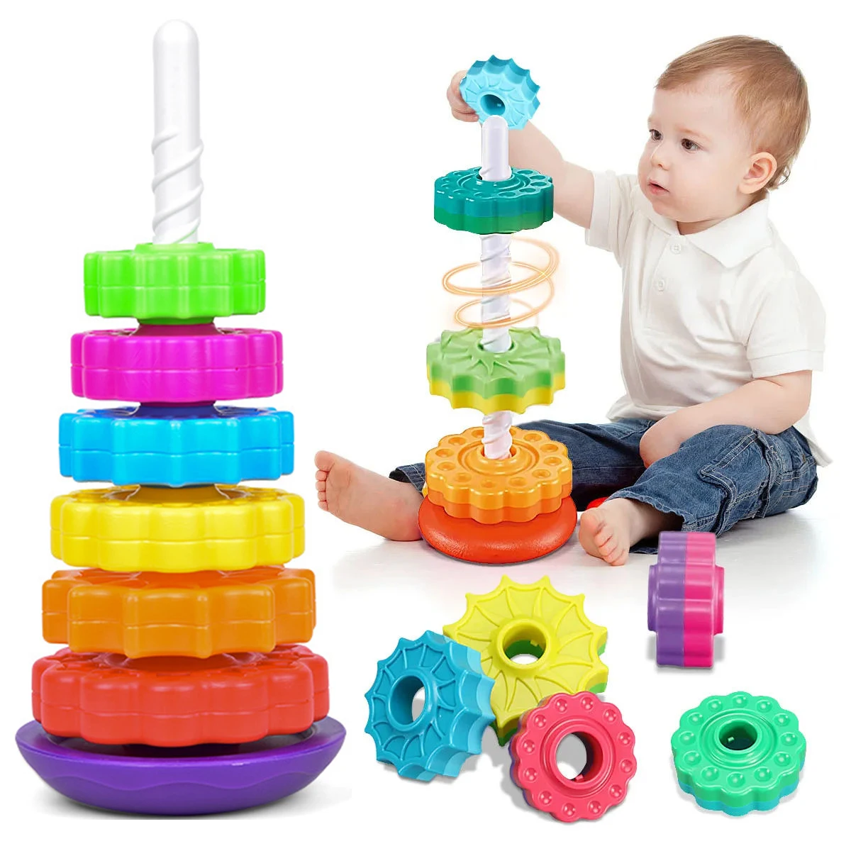 Educational Toys Puzzle Toys Stacking Puzzle Toys Stacking Toys Montessori Rotating Rainbow 6-story Tower Baby Stacking Puzzle Toys Safety and Environmental Protection Colored Children's Toys