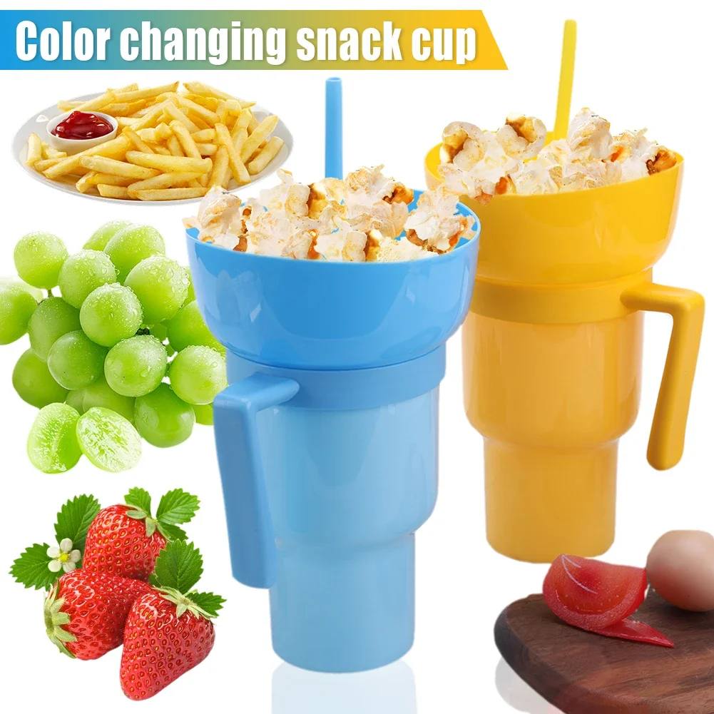 1000ml 2 in 1 snack bowl drink cup with straw stadium tumbler popcorn beverage color changing for cinema home