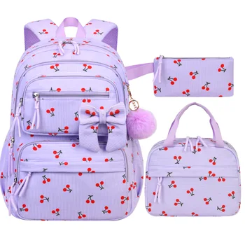 3pcs/set school backpack for girls cherry pattern primary school girl Corduroy backpack kids bookbag lunch bag pencil bag set 1
