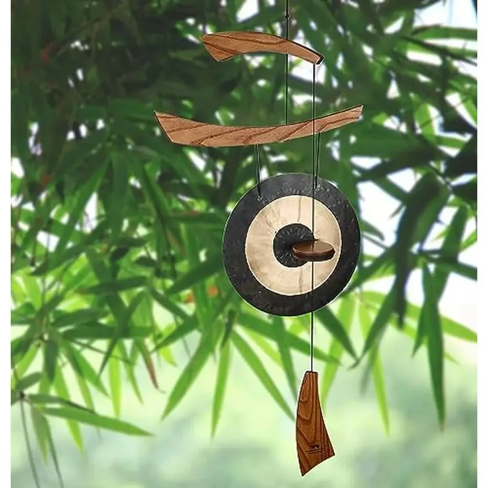 Signature Collection Emperor Gong Medium 34'' Outdoor Wind Gong Decor EGCC High Quality Sound Teak Finish Ash Wood Bronze Brass