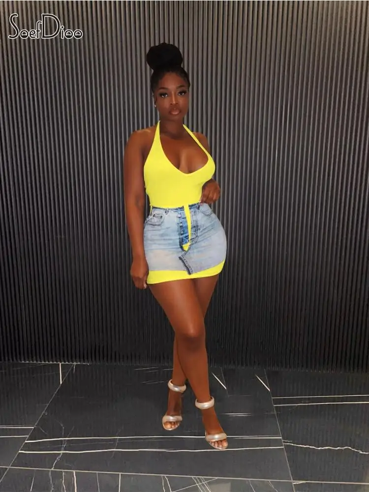 

Soefdioo 3D Denim Print Sexy Halter Sleevelss Backless Bodycon Mini Dress Women 2023 Summer Fashion Street Party Vestido Dresses