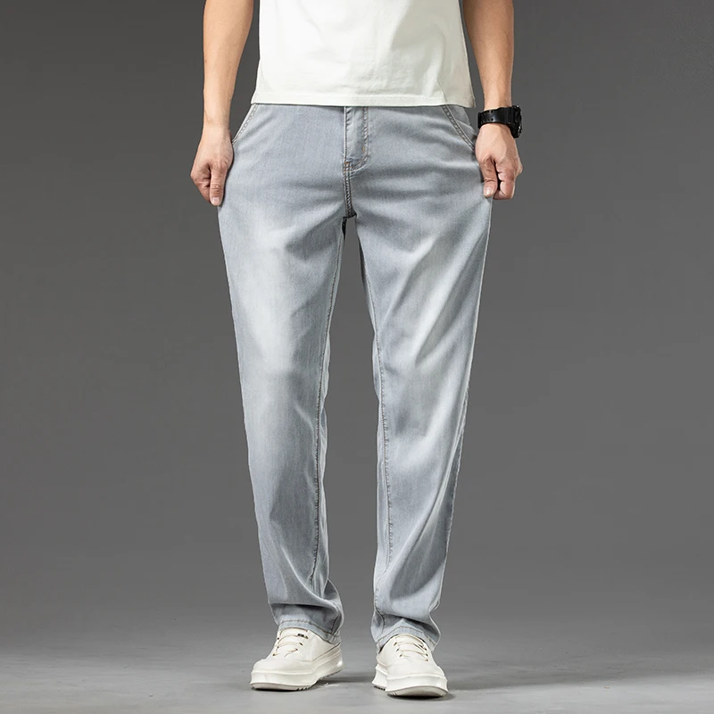 

Летние мужские повседневные брюки, тонкие прямые свободные брюки, модные мужские мешковатые брюки, эластичные мягкие джинсовые брюки