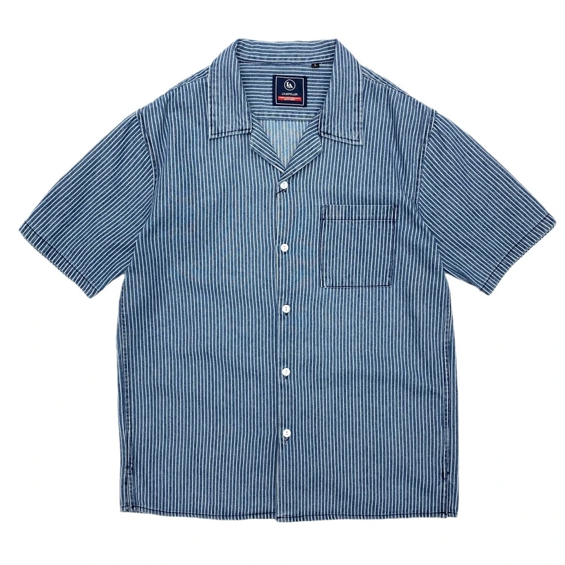 Cotton Amekaji American Vintage Striped Short Sleeve Shirt Men Cuban Neck Denim Shirt Retro Casual Hong Kong Male Tops